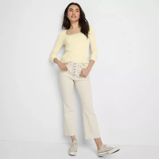 Women's Recycled Denim High Rise Button Front Kick Flare Crop Jeans - primary