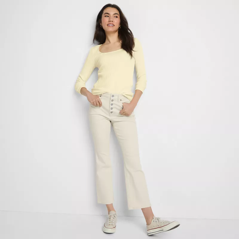 Women's Recycled Denim High Rise Button Front Kick Flare Crop Jeans, alternative image