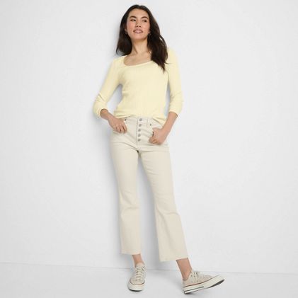 Women's Petite Recycled Denim High Rise Button Front Kick Flare Crop Jeans - primary