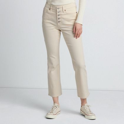 Women's Petite Recycled Denim High Rise Button Front Kick Flare Crop Jeans - image 2