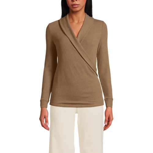 Women's Long Sleeve Brushed Rib Wrap Top, Front