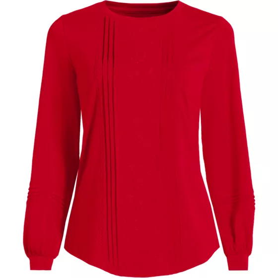 Women's Plus Size Long Sleeve Lightweight Jersey Pintuck Embroidery Top - primary