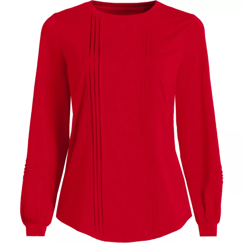 Women's Plus Size Long Sleeve Lightweight Jersey Pintuck Embroidery Top, Front