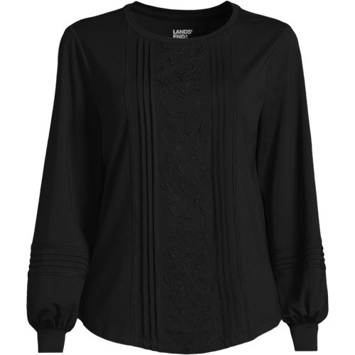 Women's Long Sleeve Lightweight Jersey Pintuck Embroidery Top