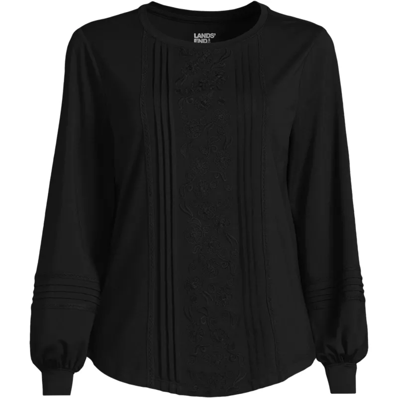 Women's Long Sleeve Lightweight Jersey Pintuck Embroidery Top, Front