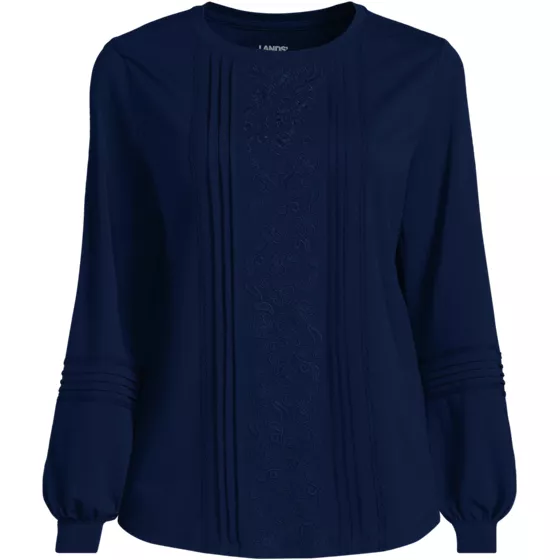 Women's Long Sleeve Lightweight Jersey Pintuck Embroidery Top - primary