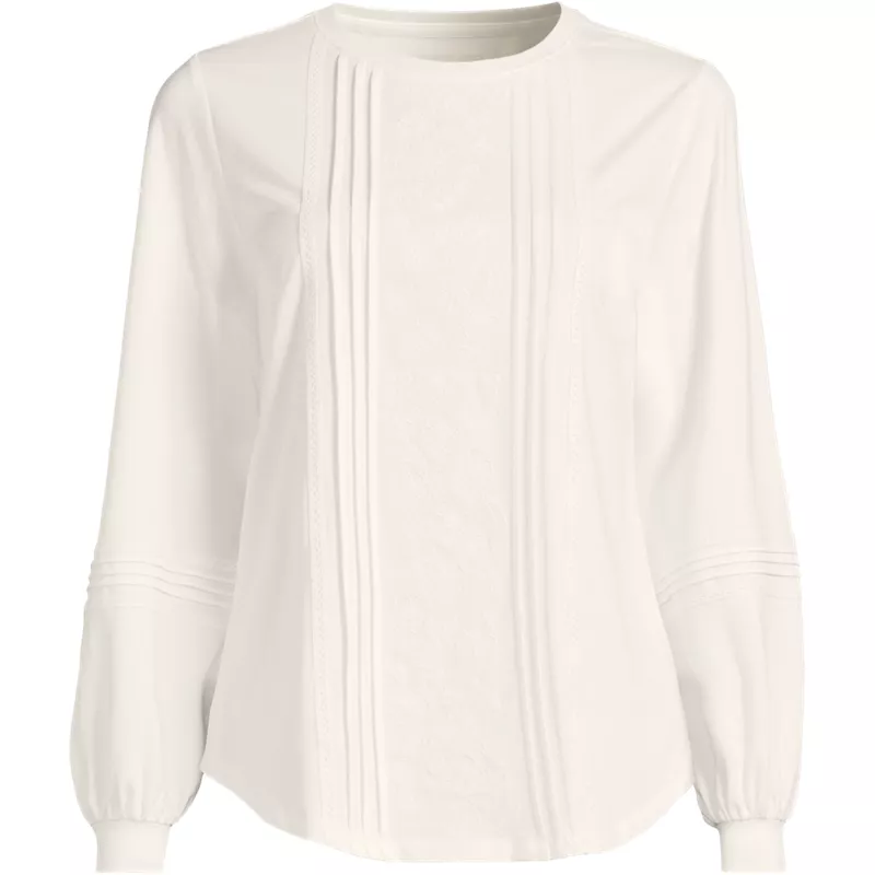 Women's Long Sleeve Lightweight Jersey Pintuck Embroidery Top, Front