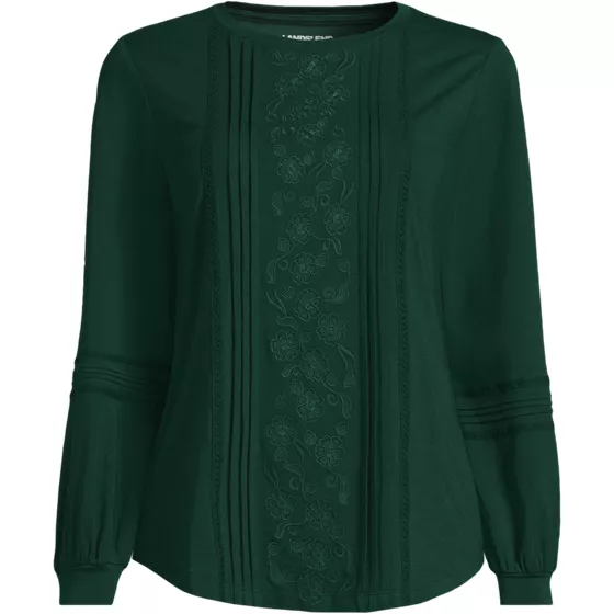 Women's Long Sleeve Lightweight Jersey Pintuck Embroidery Top - primary