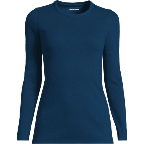 Womens Long Sleeve Micro Rib Top, Women, size: 1X, plus, Blue, Cotton/Spandex, by Lands' End