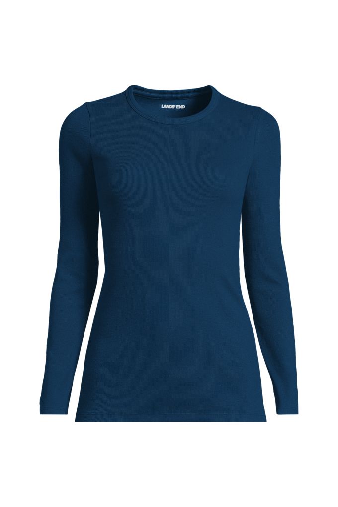 Lands' End Women's Plus Size Long Sleeve Micro Rib T-shirt In Blue