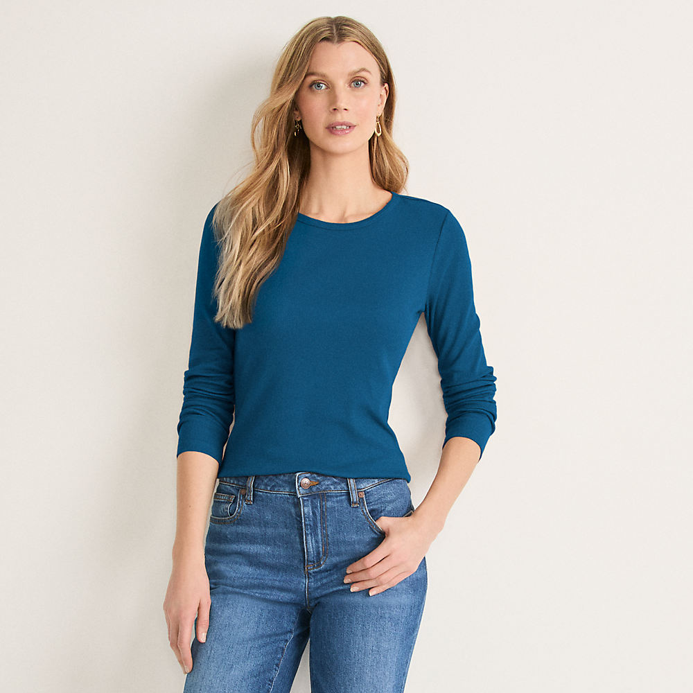 Womens Long Sleeve Micro Rib Top, Women, size: S, regular, Blue, Cotton/Spandex, by Lands' End