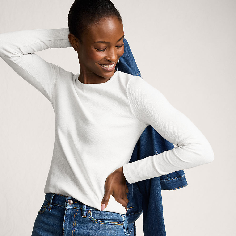 Womens Long Sleeve Micro Rib Top, Women, size: L, regular, White, Cotton/Spandex, by Lands' End