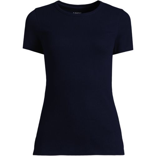 Micro Rib Crew Neck T-shirt, Women, size: 2XL, plus, Blue, Cotton/Spandex, by Lands' End