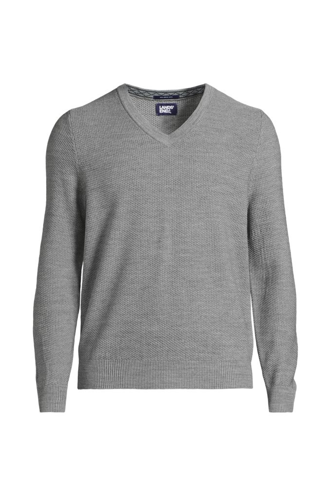 Men's Long Sleeve Washable Merino Wool V-neck Sweater - Lands' End - Gray - XXL