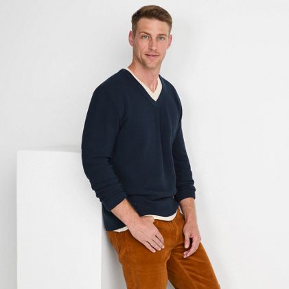 Men's Long Sleeve Washable Merino Wool V Neck Sweater - primary
