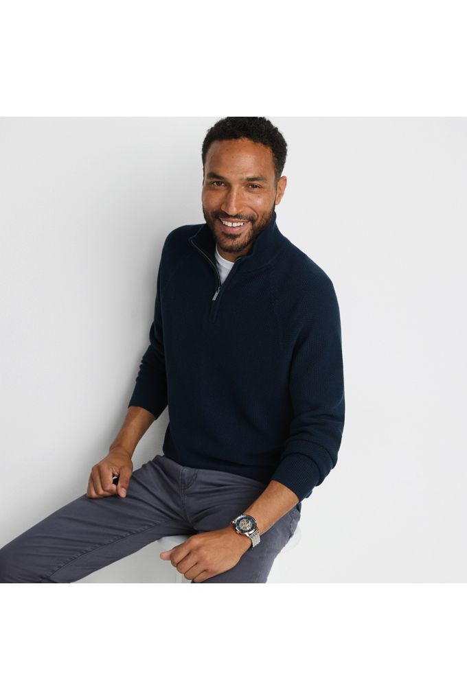 Men's Long Sleeve Washable Merino Wool Quarter Zip Sweater - Lands' End - Blue - XL