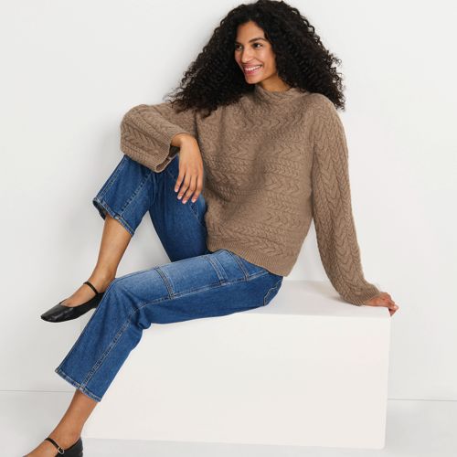 Women's Boucle Funnel Neck All Over Cable Sweater, alternative image