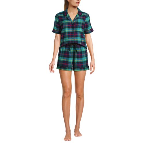 Women's Drapey Flannel 2 Piece Pajama Set - Short Sleeve Top and Shorts, Front