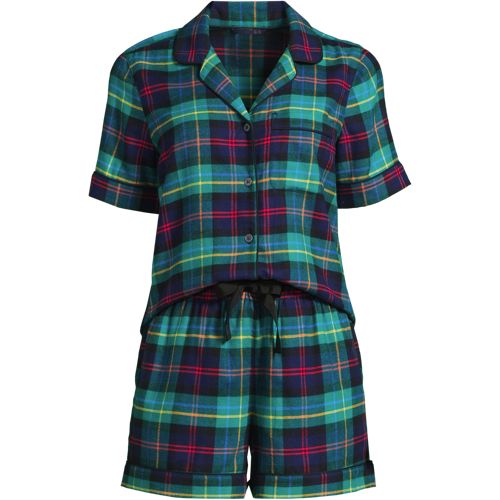 Women's Drapey Flannel 2 Piece Pajama Set - Short Sleeve Top and Shorts, Front