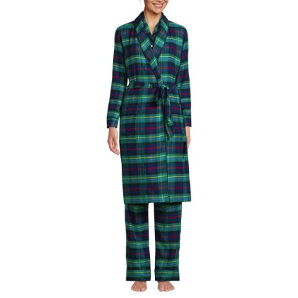 Women's Petite Drapey Flannel 4 Piece Pajama Set - Long Sleeve Top and Pants Robe and Bag - image 3