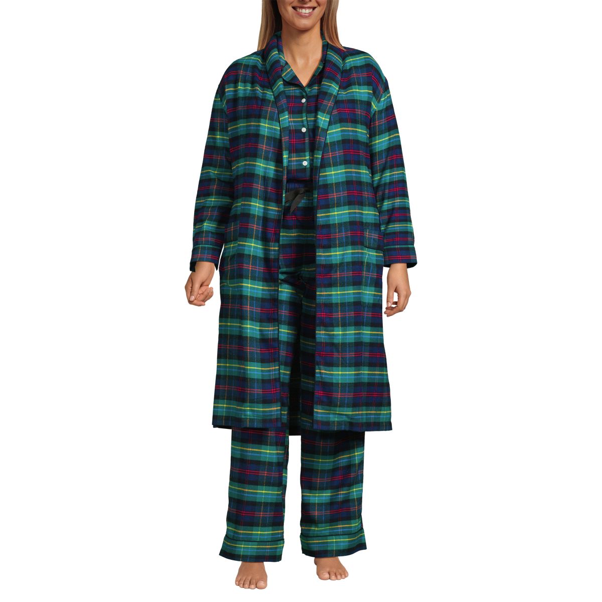 Women's Plus Size Drapey Flannel 4 Piece Pajama Set - Long Sleeve Top and Pants Robe and Bag