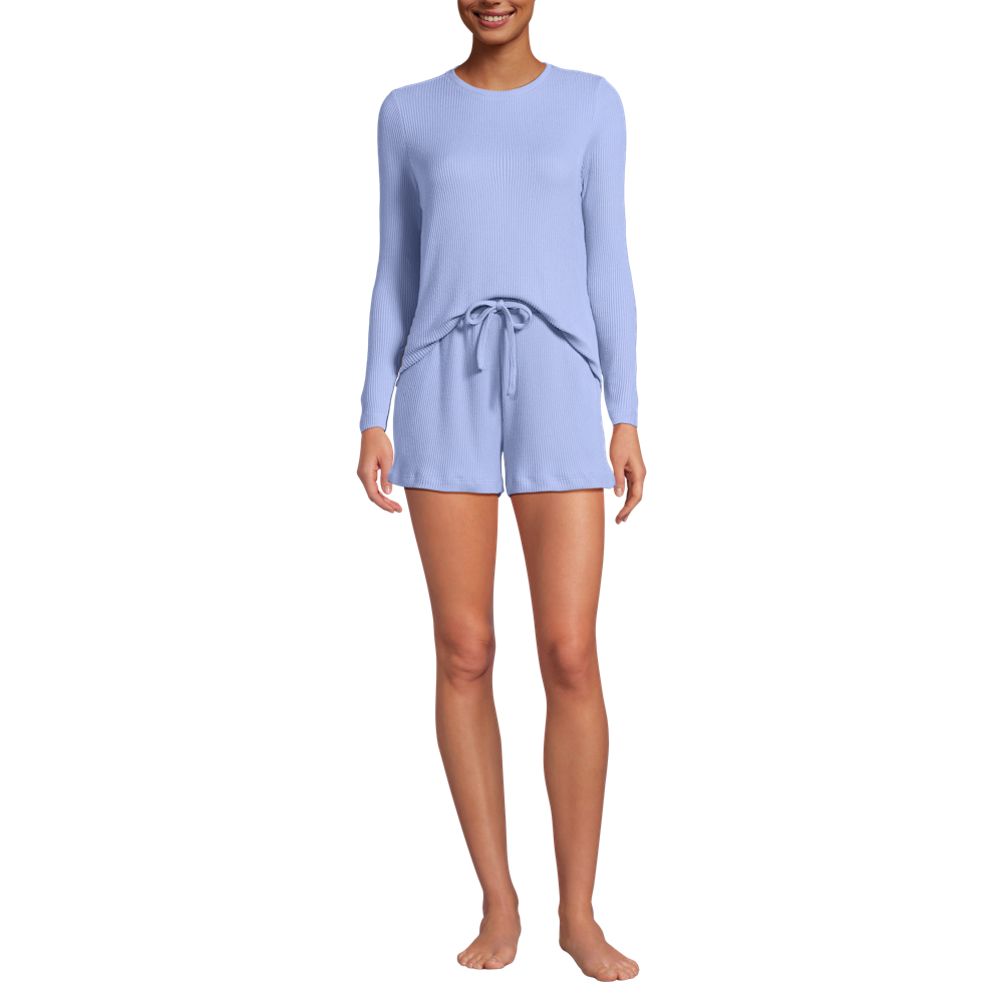 売れ筋商品|||ランズエンド カットソー トップス レディース Women's Cozy Brushed Rib 2 Piece Pajama Set - Long Sleeve Top and Shorts Light cornflower Women's Cozy Brushed Rib 2 Piece Pajama Set - Long Sleeve