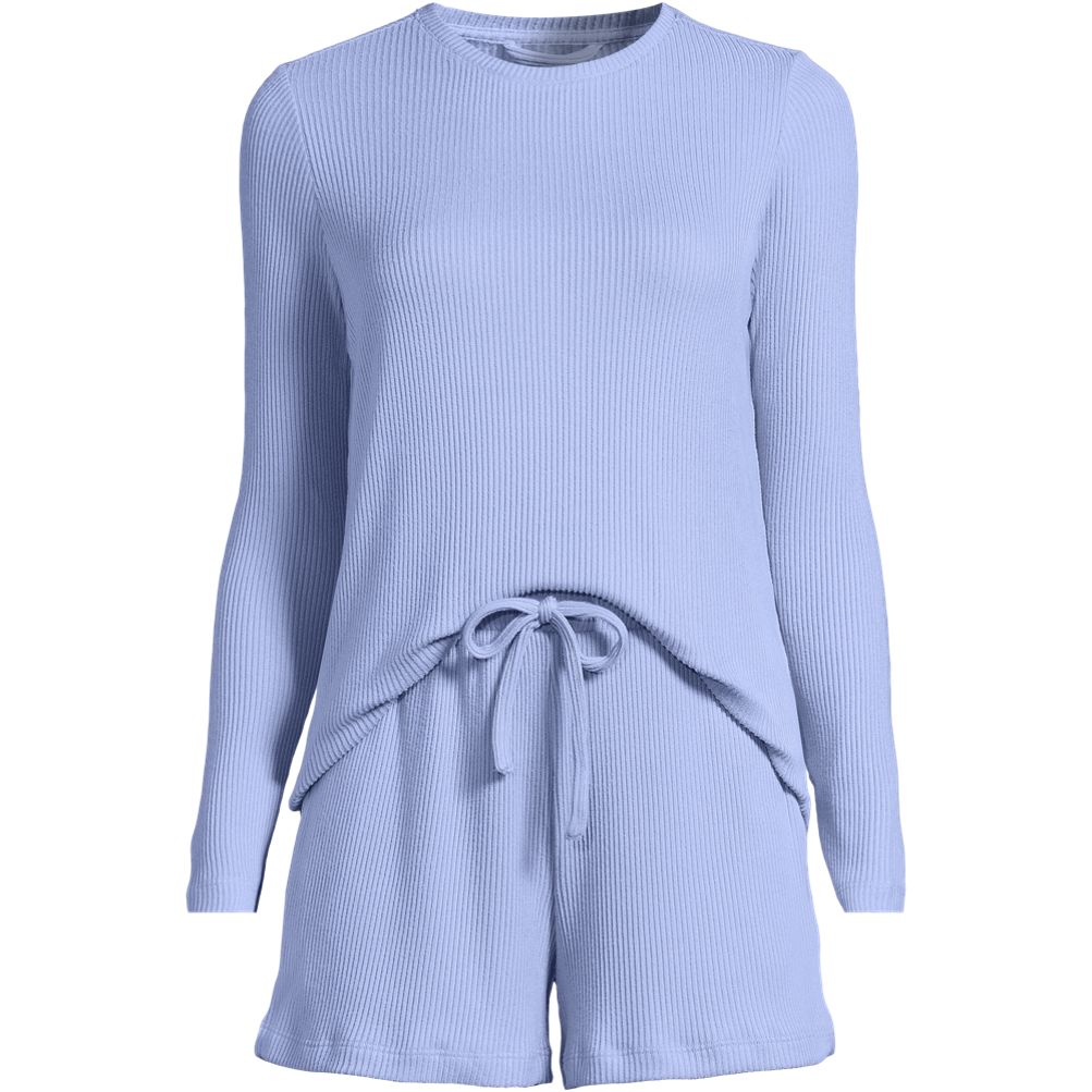 売れ筋商品|||ランズエンド カットソー トップス レディース Women's Cozy Brushed Rib 2 Piece Pajama Set - Long Sleeve Top and Shorts Light cornflower Women's Cozy Brushed Rib 2 Piece Pajama Set - Long Sleeve