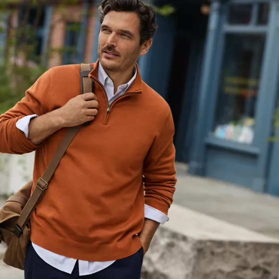 Men's Long Sleeve Fine Gauge Cotton Quarter Zip Sweater - primary