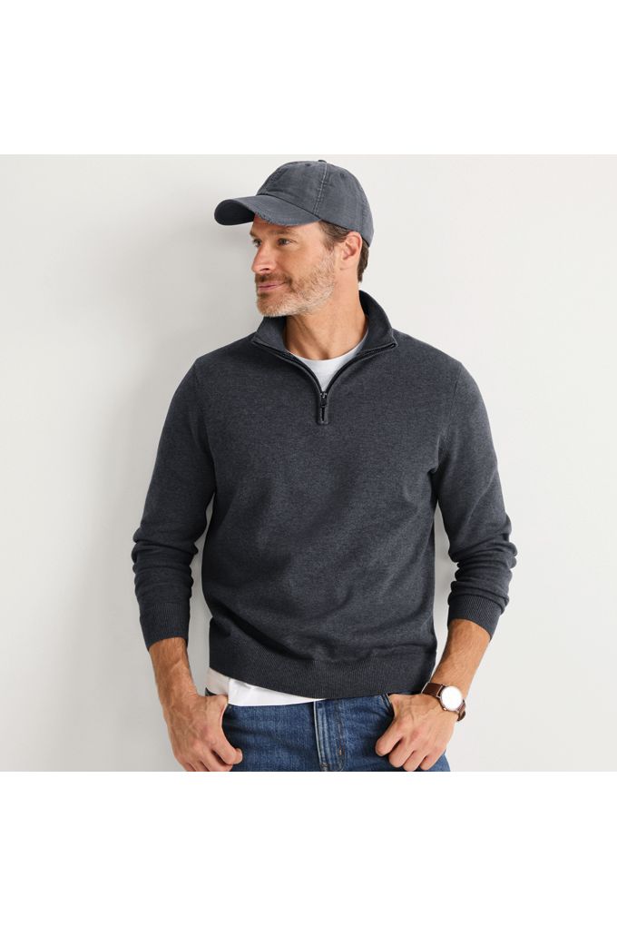 Men's Long Sleeve Fine Gauge Cotton Quarter Zip Sweater - Lands' End - Gray - XL