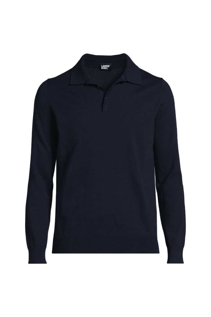 Men's Tall Long Sleeve Cotton Sweater Polo - Lands' End - Blue - L