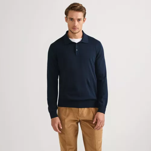 Men's Long Sleeve Cotton Sweater Polo, Front