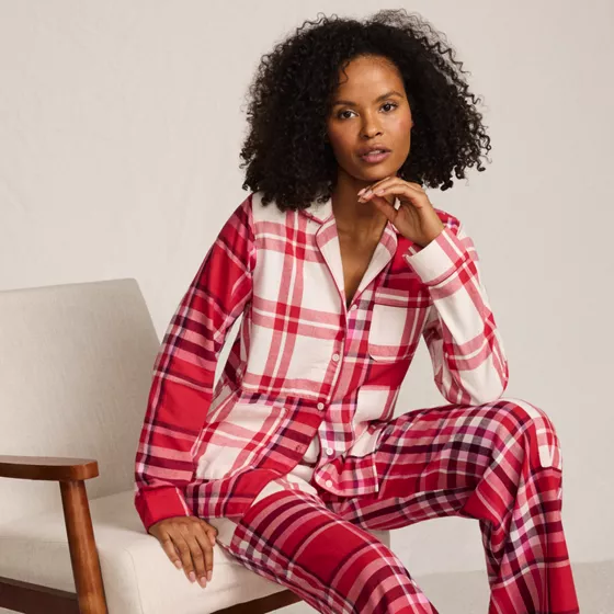 Women's Long Sleeve Flannel Patchwork Pajama Top - primary