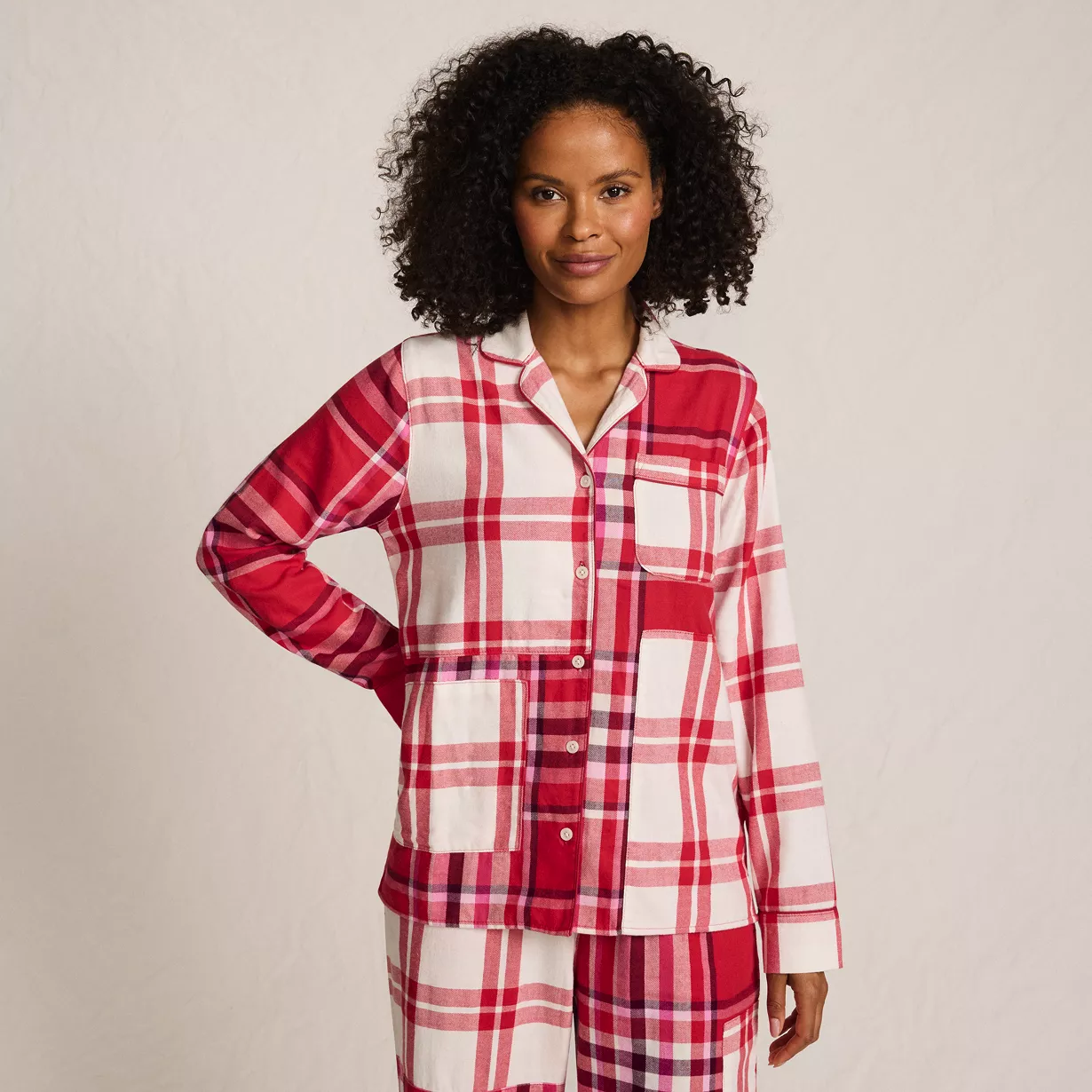Women's Long Sleeve Flannel Patchwork Pajama Top