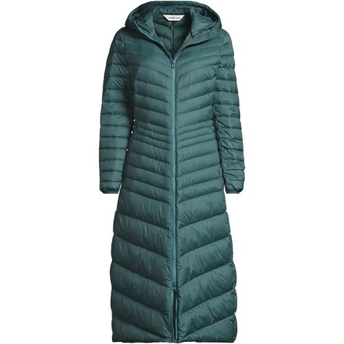 Wanderweight Down Ultralight Packable Hooded Maxi Coat, Women, size: 2X, plus, Green, Nylon/Down, by Lands' End