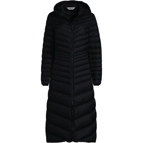 Wanderweight Down Ultralight Packable Hooded Maxi Coat, Women, size: S, regular, Black, Nylon/Down, by Lands' End