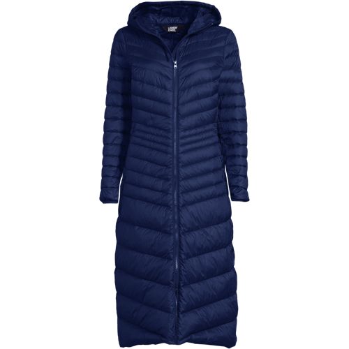 Wanderweight Down Ultralight Packable Hooded Maxi Coat, Women, size: XS, petite, Blue, Nylon/Down, by Lands' End