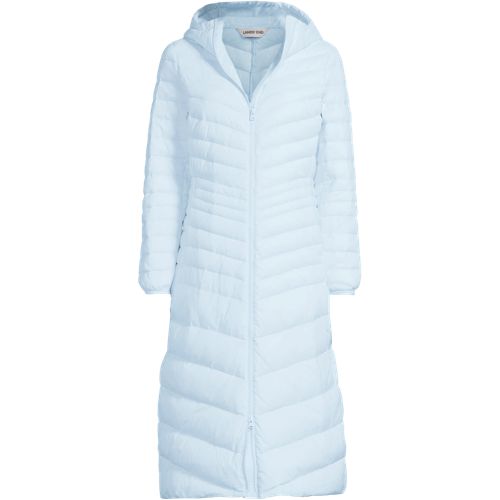 Wanderweight Down Ultralight Packable Hooded Maxi Coat, Women, size: S, petite, Blue, Nylon/Down, by Lands' End