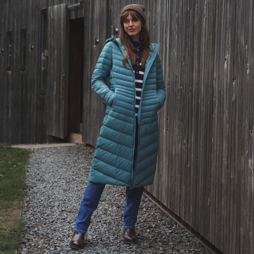Wanderweight Down Ultralight Packable Hooded Maxi Coat, Women, size: S, petite, Green, Nylon/Down, by Lands' End