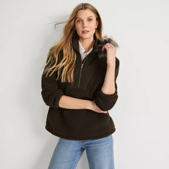 Women's Hooded Half Zip Faux Fur Sherpa Fleece Pullover - primary