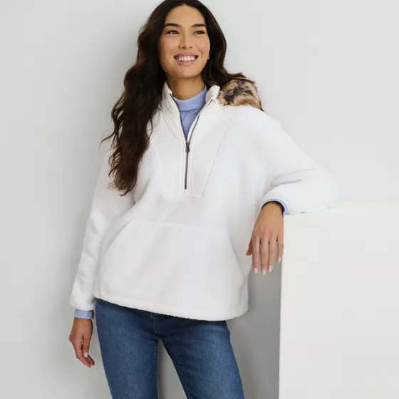 Women's Hooded Half Zip Faux Fur Sherpa Fleece Pullover - primary