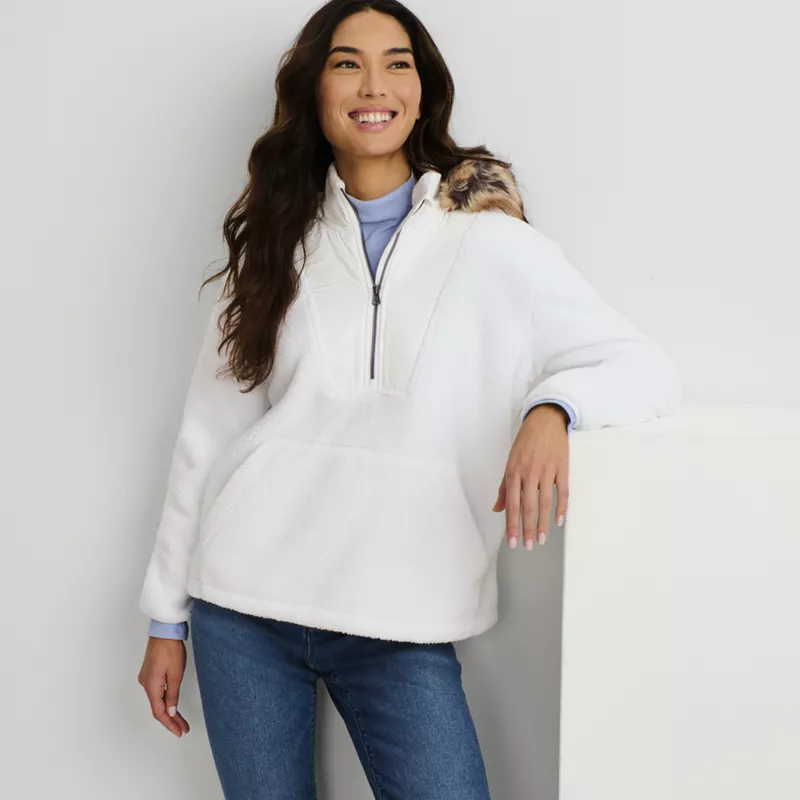 Women's Hooded Half Zip Faux Fur Sherpa Fleece Pullover, alternative image