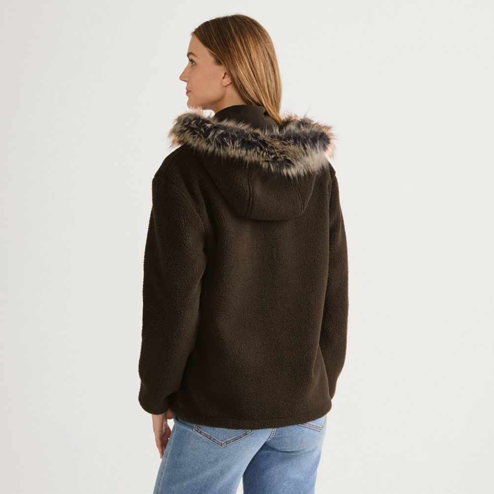 Women's Hooded Half Zip Faux Fur Sherpa Fleece Pullover | Lands' End