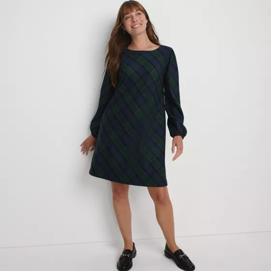 Women's Brushed Flannel Scoop Neck Long Sleeve Above Knee Dress - primary