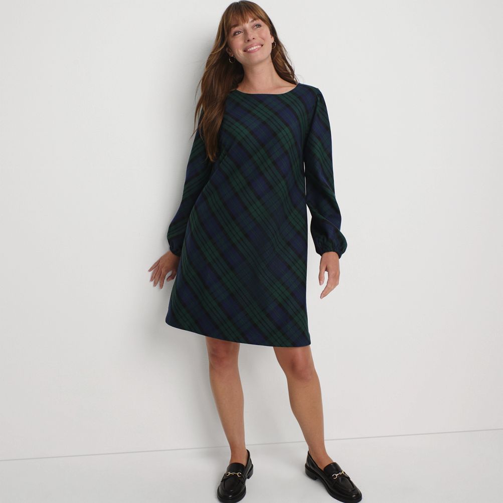 Women's Brushed Flannel Scoop Neck Long Sleeve Above Knee Dress | Lands' End