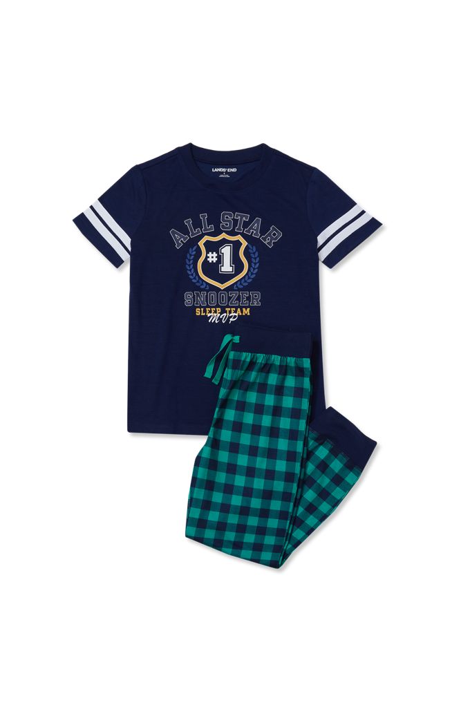 Kids Short Sleeve Top and Jogger Bottom Pajama Set - Lands' End - Blue - 10