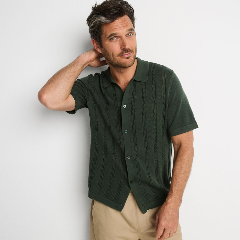 Men s Short Sleeve Jacquard Stripe Button Down Sweater Polo Lands End