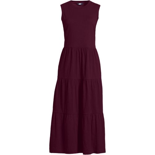 Sleeveless Tiered Jersey Midi Dress, Women, size: S, regular, Red, Cotton, by Lands' End