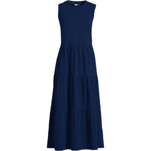 Sleeveless Tiered Jersey Midi Dress, Women, size: S, regular, Blue, Cotton, by Lands' End
