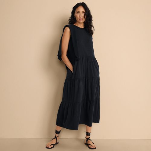 Sleeveless Tiered Jersey Midi Dress, Women, size: S, regular, Black, Cotton, by Lands' End