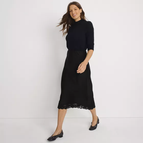 Women's Satin Lace Trim Midi Skirt - primary